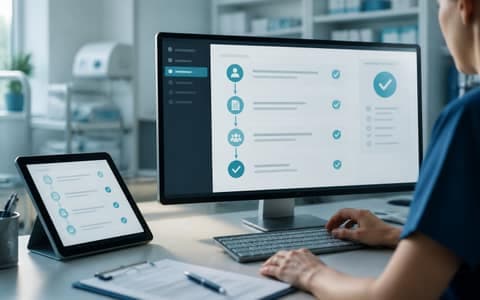 Clinic workroom with AI-assisted workflow screens and human approval cues.