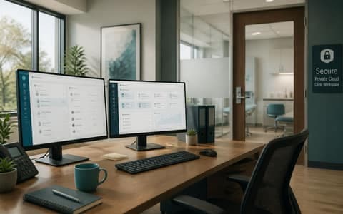 Secure clinic workspace with collaboration screens in a private office setting.