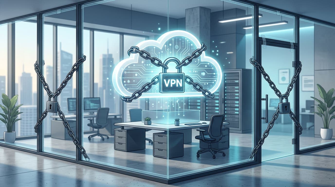 Modern office with a digital cloud secured by chains, sealed doors and windows, and a VPN padlock - private cloud metaphor.