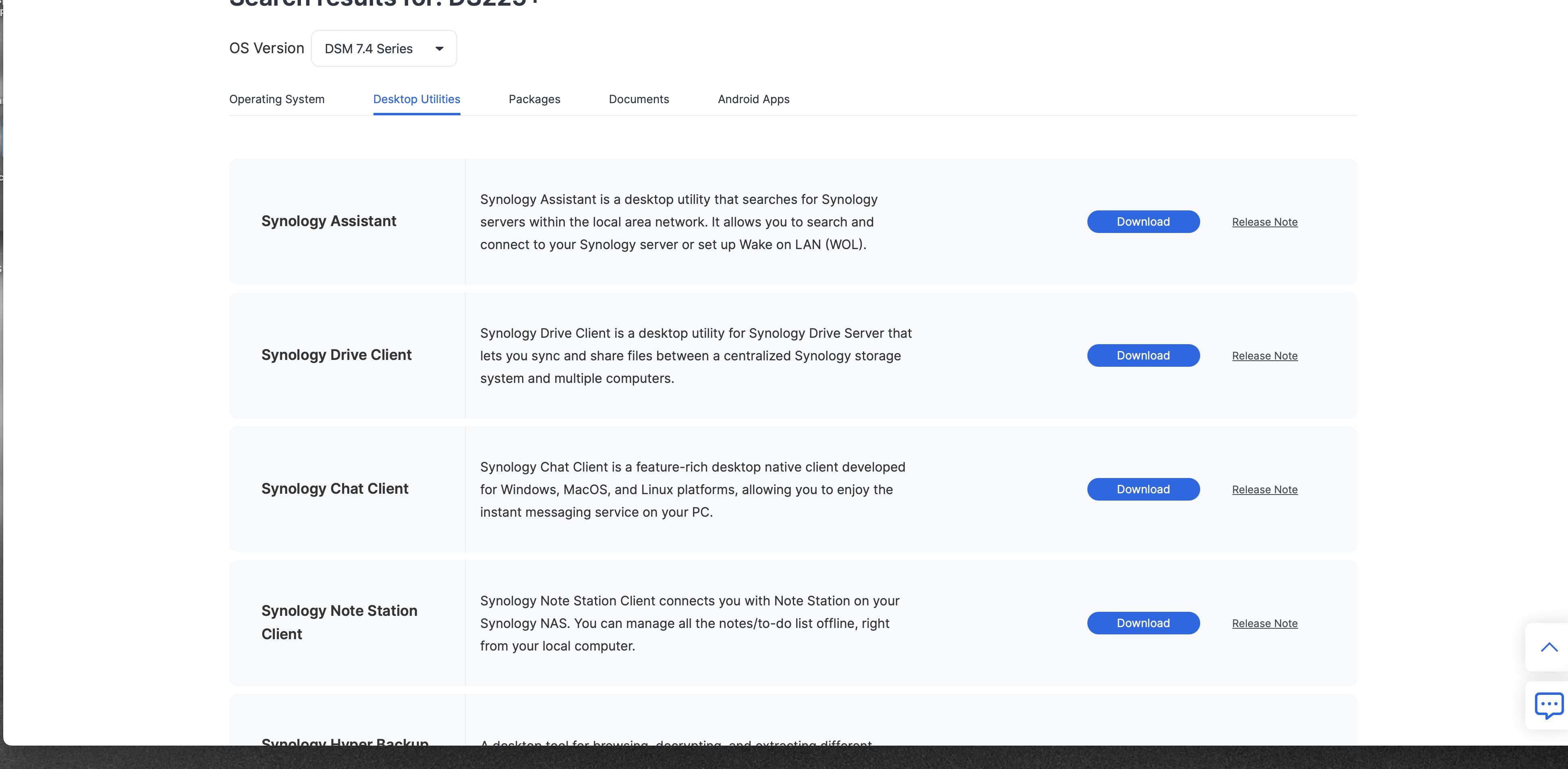 Synology download page on the Desktop Utilities tab for DSM 7.4 Series.